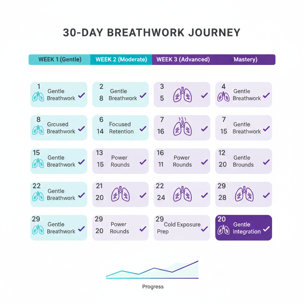 Calendrier du défi breathwork 30 jours montrant la progression quotidienne de la Semaine 1 aux bases jusqu'à la Semaine 4 maîtrise