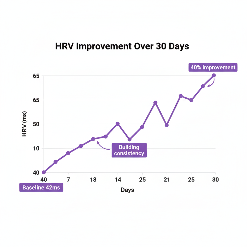 Progression de la VFC sur 30 jours : de 42ms au départ à 59ms au Jour 30—une amélioration de 40%