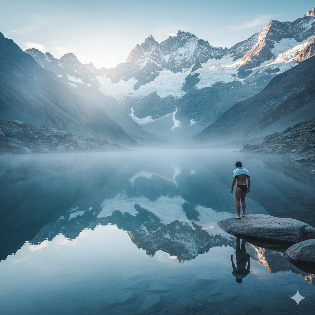 Serene alpine lake in the mountains with morning mist—the setting for cold immersion training