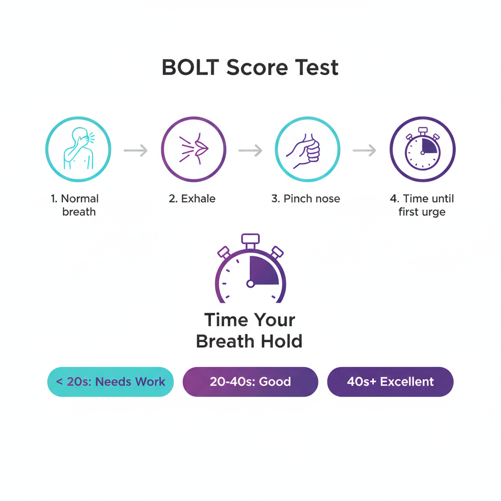 Infographie test BOLT : instructions étape par étape avec niveaux - moins de 20s à améliorer, 20-40s bon, 40s+ excellent