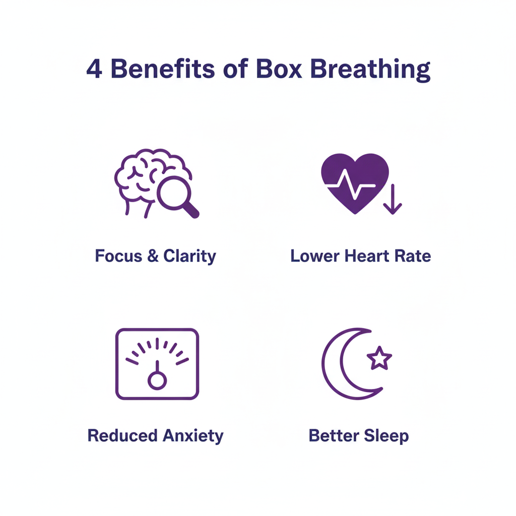 Quatre bénéfices clés de la respiration carrée : meilleure concentration, fréquence cardiaque réduite, moins d'anxiété, meilleur sommeil