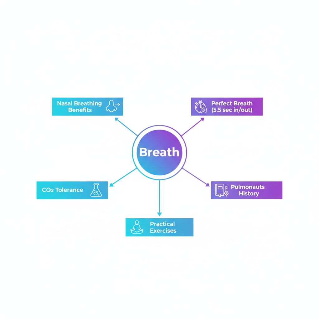 Carte mentale des concepts clés du livre : bénéfices respiration nasale, respiration parfaite (5.5 sec), tolérance CO2, histoire des Pulmonautes, exercices pratiques