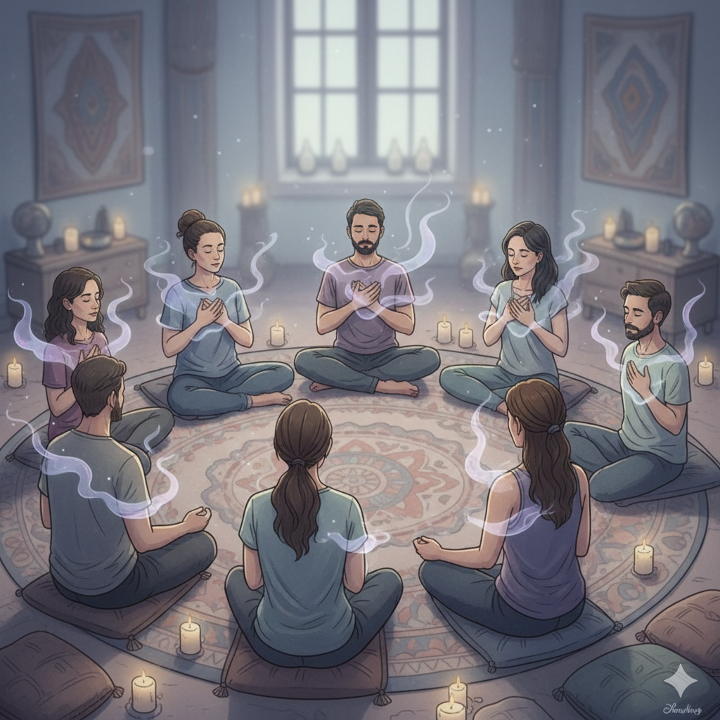 Cérémonie de breathwork en groupe en cercle avec éclairage doux et bougies, créant une atmosphère paisible et éthérée