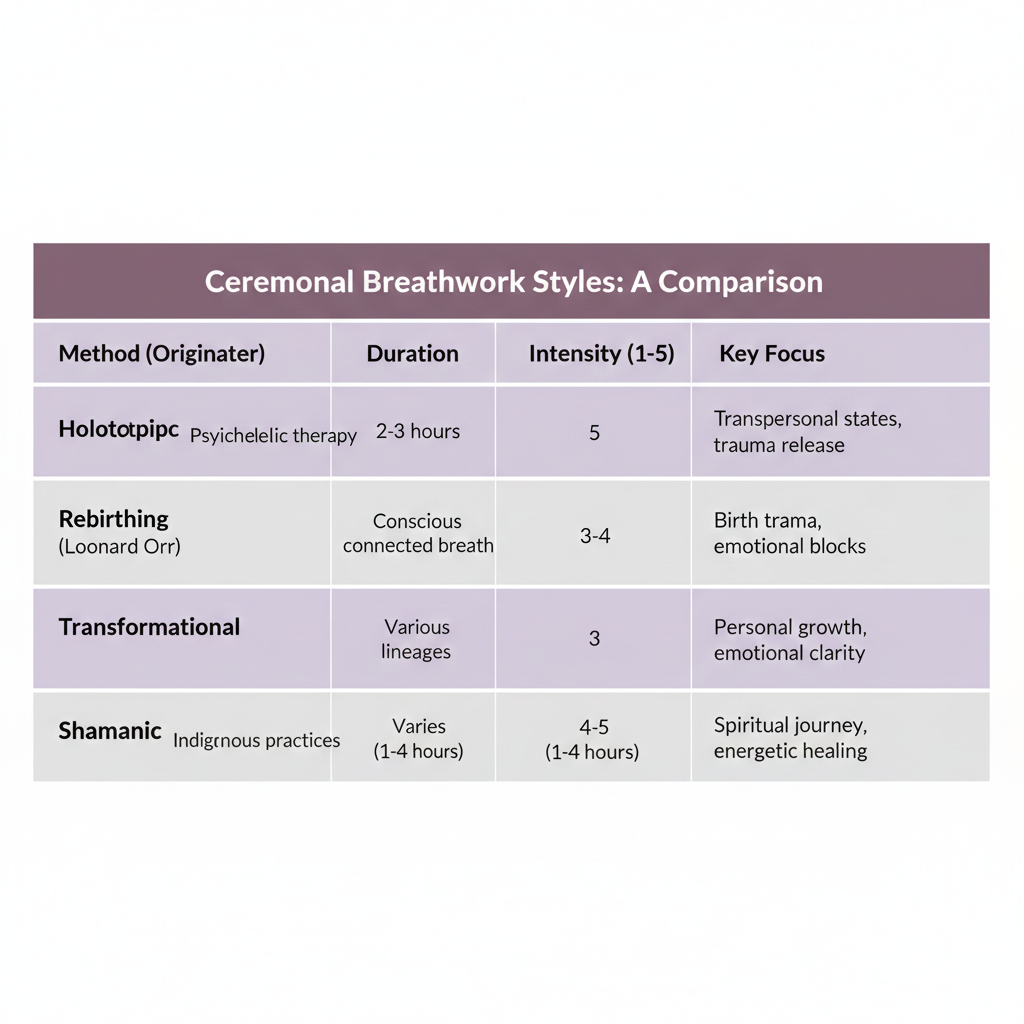 Comparaison des styles de breathwork cérémoniel : Holotropique (Stanislav Grof), Rebirthing (Leonard Orr), Transformationnel et Chamanique - origines, durée et intensité