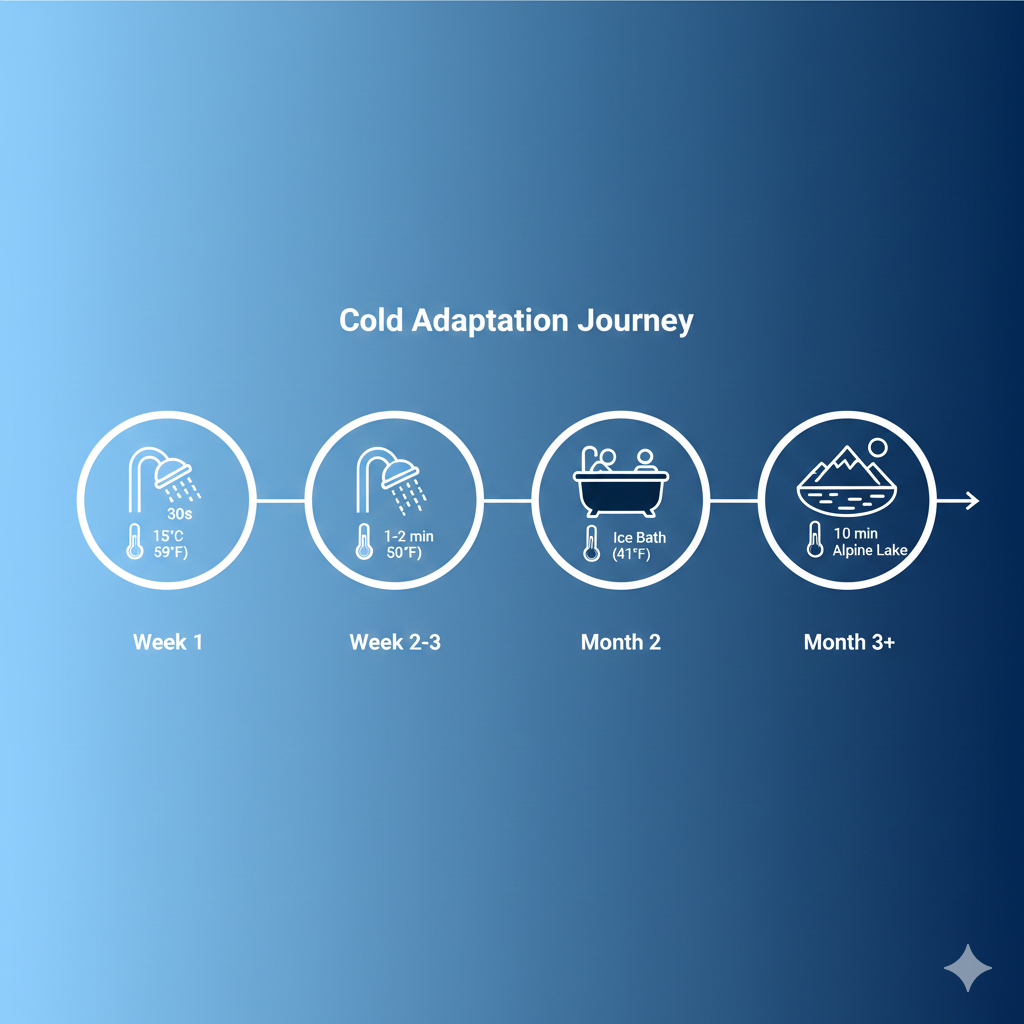 Cold adaptation timeline: Week 1 (30 sec cold shower), Week 2-3 (1-2 min), Month 2 (ice bath introduction), Month 3+ (10 min alpine lake)