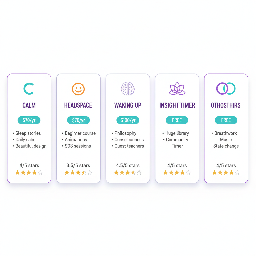Comparison chart of 5 meditation apps with ratings for price, beginner-friendliness, depth, breathwork, sleep content, and production value