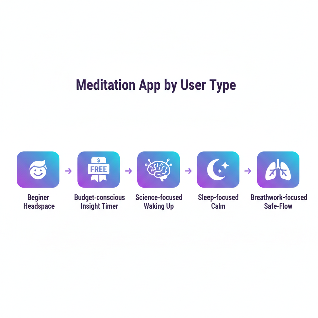 User profile recommendations: Beginners→Headspace, Budget→Insight Timer, Intellectual→Waking Up, Sleep→Calm, Breathwork→Othership