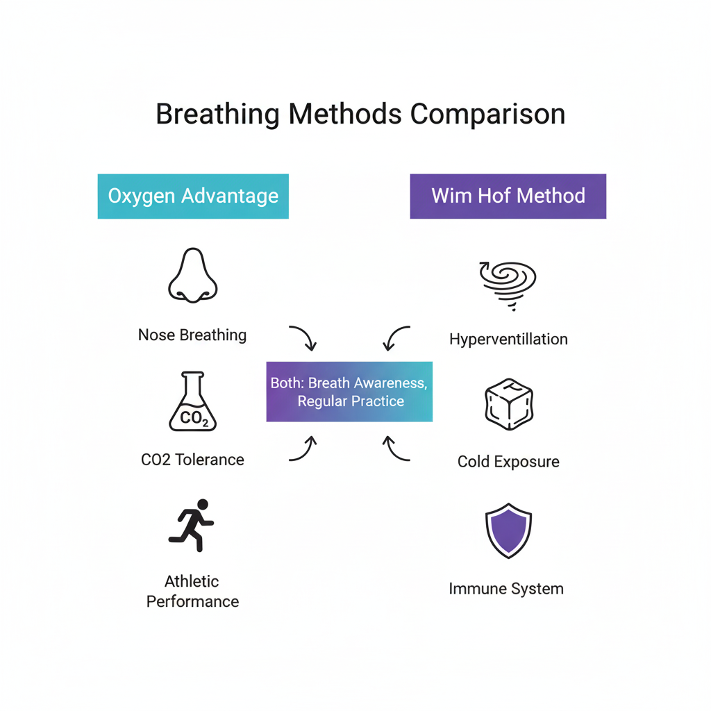 Comparaison côte à côte : Oxygen Advantage (respiration nasale, tolérance CO2, performance athlétique) vs Méthode Wim Hof (hyperventilation, exposition froid, système immunitaire)