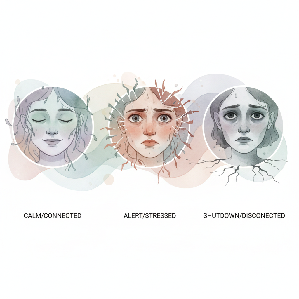 Les trois états : 1) Vagal ventral (le plus récent, ~200M ans)—calme, créatif, connecté. 2) Sympathique (~400M ans)—alerte, mobilisé, cœur qui bat. 3) Vagal dorsal (le plus ancien, ~500M ans)—arrêt, engourdi, déconnecté. On monte et descend cette échelle chaque jour