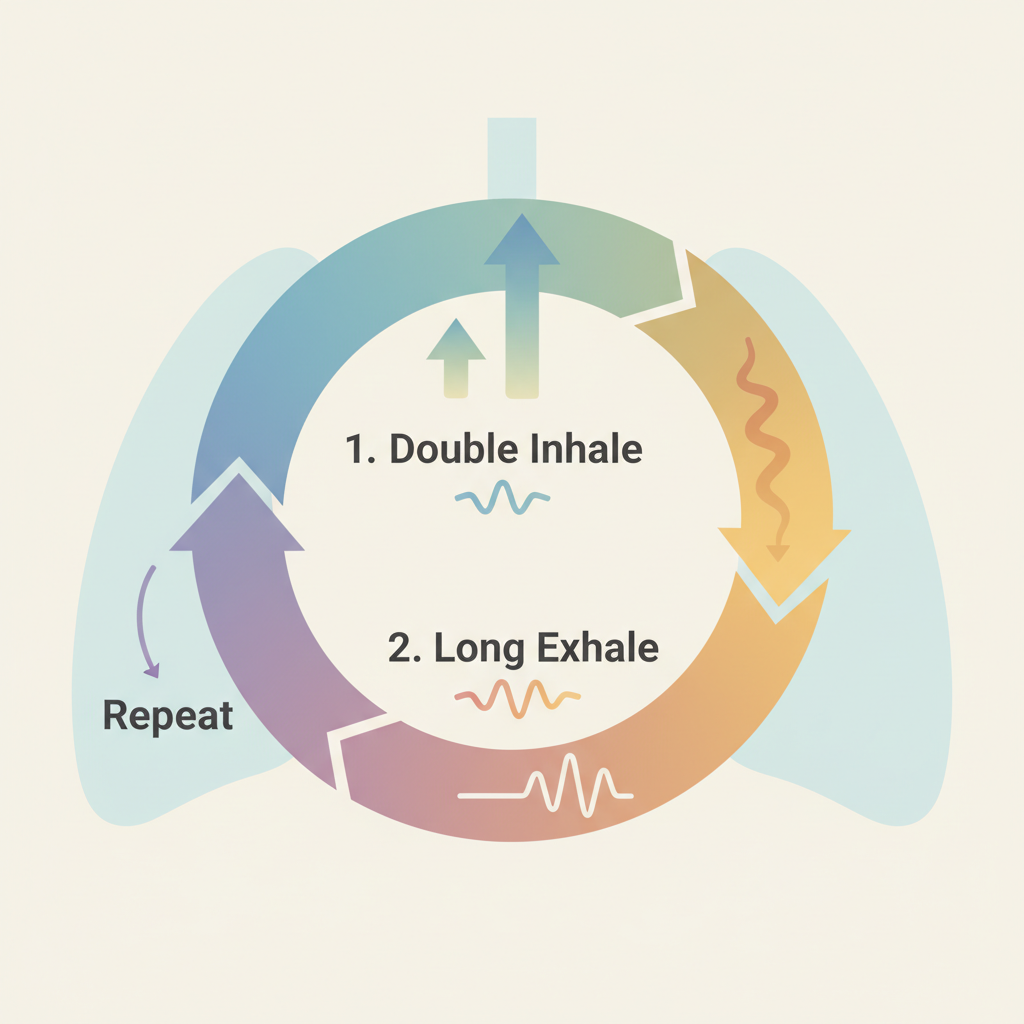 La technique exacte : 1) Inspire profondément par le nez (80% des poumons), 2) Seconde inspiration courte de "complément" (20% restants), 3) Longue expiration lente par la bouche (6-8 secondes), 4) Répète pendant 5 minutes. Un cycle ≈ 10 secondes, 6-7 cycles/min max