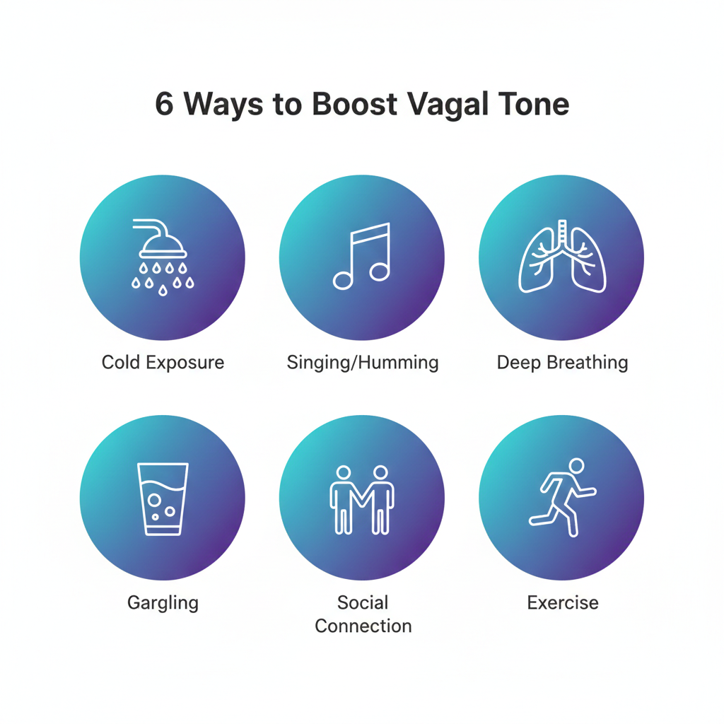 Six façons de booster le tonus vagal : exposition au froid, chanter/fredonner, respiration profonde, gargarisme, connexion sociale, exercice
