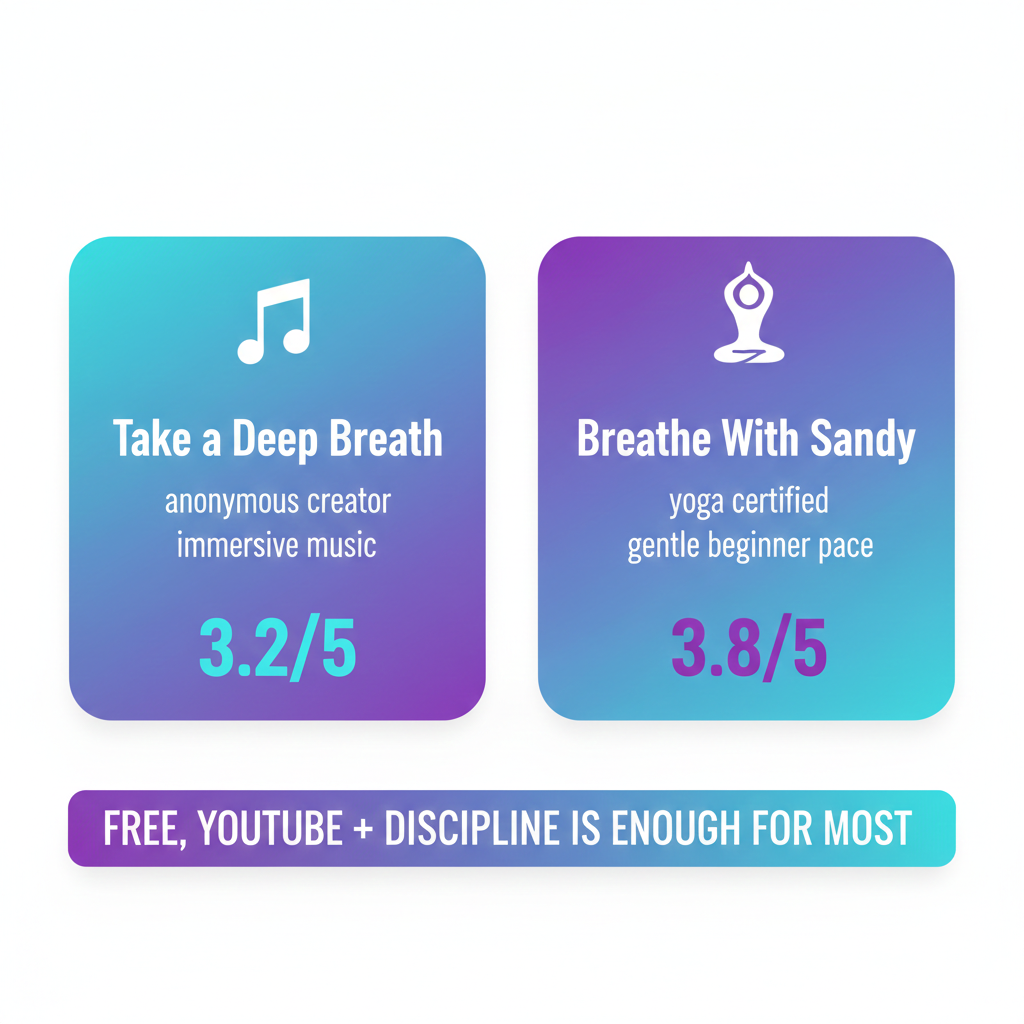 Community alternatives to official channel: "Take a Deep Breath" offers immersive music (3.2/5, anonymous creator), "Breathe With Sandy" provides gentler beginner pace (3.8/5, yoga certified). Free YouTube + discipline is enough for most—paid app/courses are optional