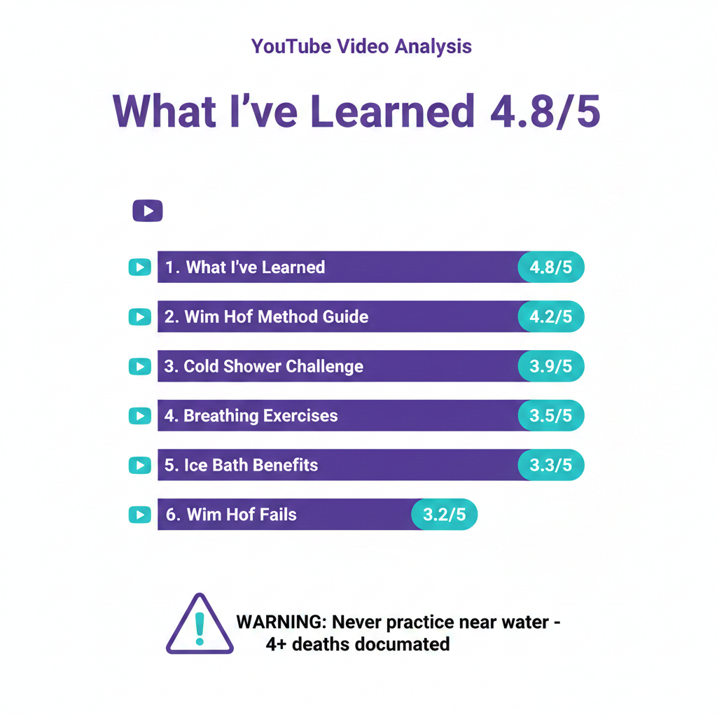 6 videos analyzed, scores from 3.2/5 to 4.8/5. Top pick: "What I've Learned" science explainer (4.8/5). Official Wim Hof videos score 3.6-4.0/5 due to app promotion. Key warning: never practice near water—4+ deaths documented